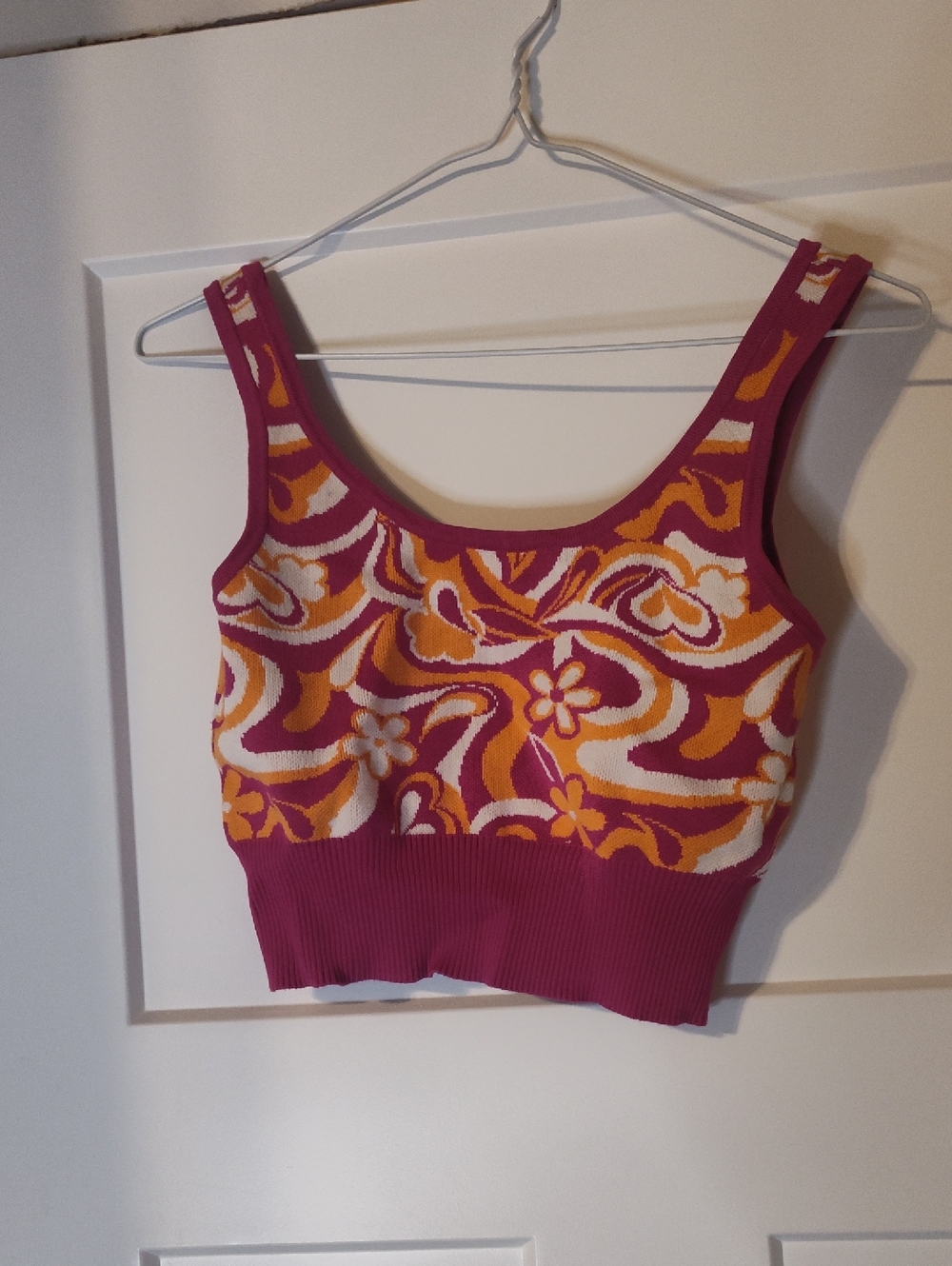 Garage Pink Floral Knit Crop Top with Orange and White Pattern